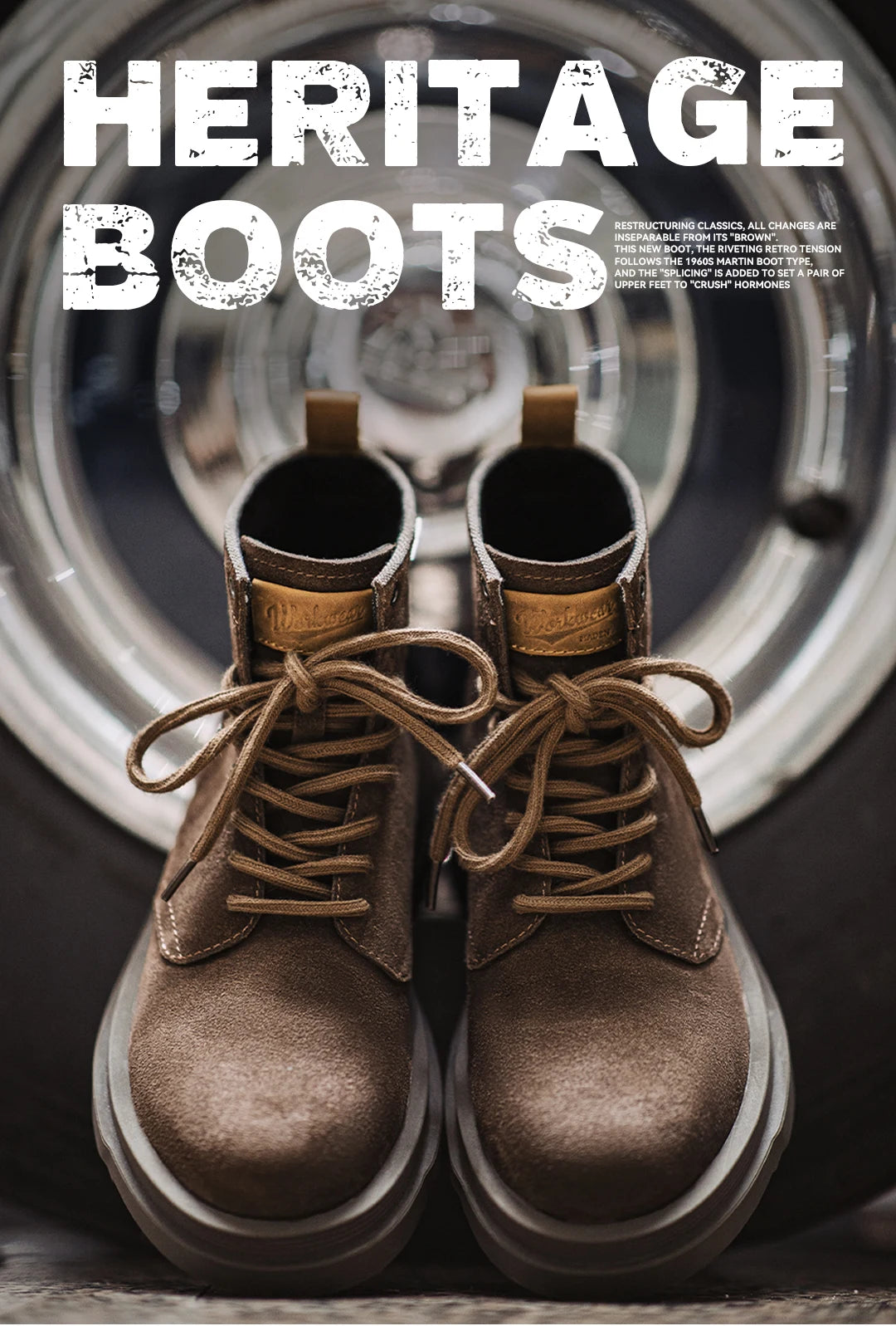 Maden New Vintage Brown Winter Work Boots Casual Suede High-top Boots Thick Soles Round Toes Shoes Men's Shoelaces Boots
