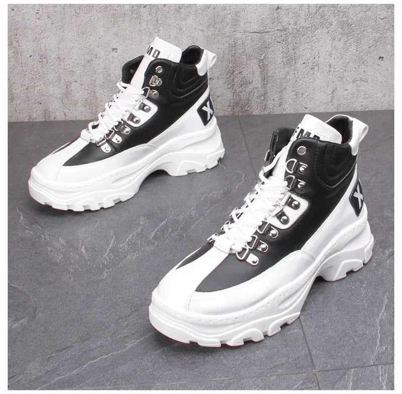 White High Top Board Boots for Men Thick Soled Men Boots with Elevated Height Inside Outdoor Casual Versatile High-top Shoes