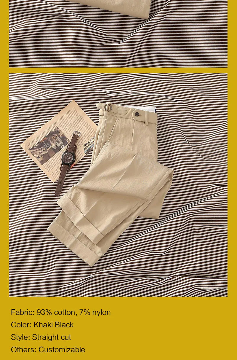 Casual style, blended fabric, men's light khaki twill relaxed straight-fit casual pants with Parisian button, cotton