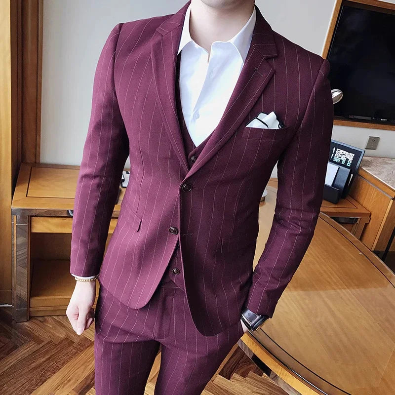 Blue Men Classic Striped/Checked Suits, Asian Size Slim Fit Business Office 3-Piece Sets, Black/Gray and Red Available.
