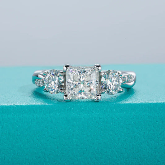 1.5ct Princess Cut D Color Moissanite Three Stone Engagement  Ring 925 Silver Rings For Women Jewelry Wholesale
