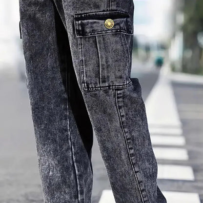 Korean Casual Comfortable Loose Fitting Jeans For Men Large Pocket Jeans Seasons Straight Leg Pants Work Pants