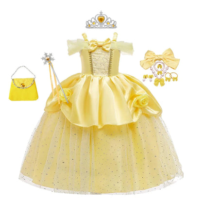 Girls Belle Cosplay Costumes Girls Dresses for Beauty Kids Party Clothing Magic Stick Crown Children Yellow Dress and The Beast