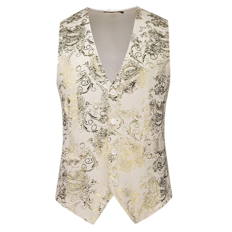 2026 Men's Red Sleeveless Suit Vest, Korean Slim Hot Stamping Printed Vests, Silver Blue Beige Waistcoat, Asian Size M-6XL