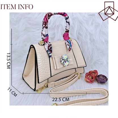 Crocodile Textured Ribbon And Colorful Crystal Embellished Clutch With Long Shoulder Strap Women's Shoes And Bag Set