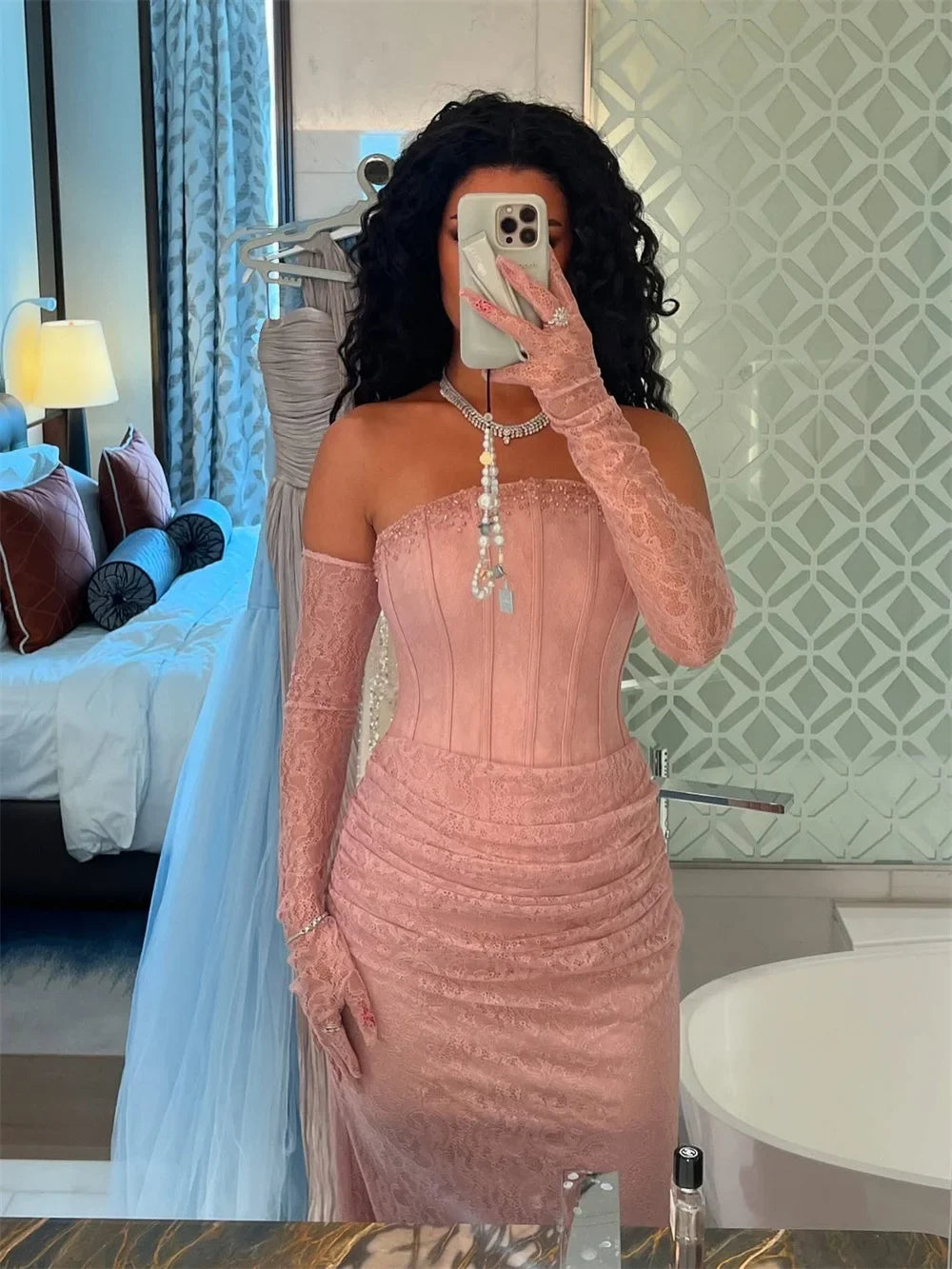Customized Pink Off The Shoulder Mermaid robes de soirée Lace Sexy Long Sleeve Party Dresses  Floor-Length Prom Dress 2025