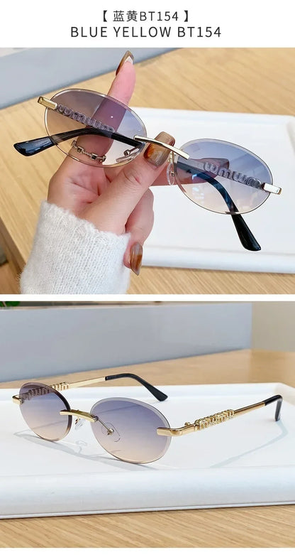 New Oval Rimless Sunglasses Women Luxury Fashion Narrow Sun Glasses Shades Trendy Elegant Diamond Eyewear Lentes De Sol Mujer