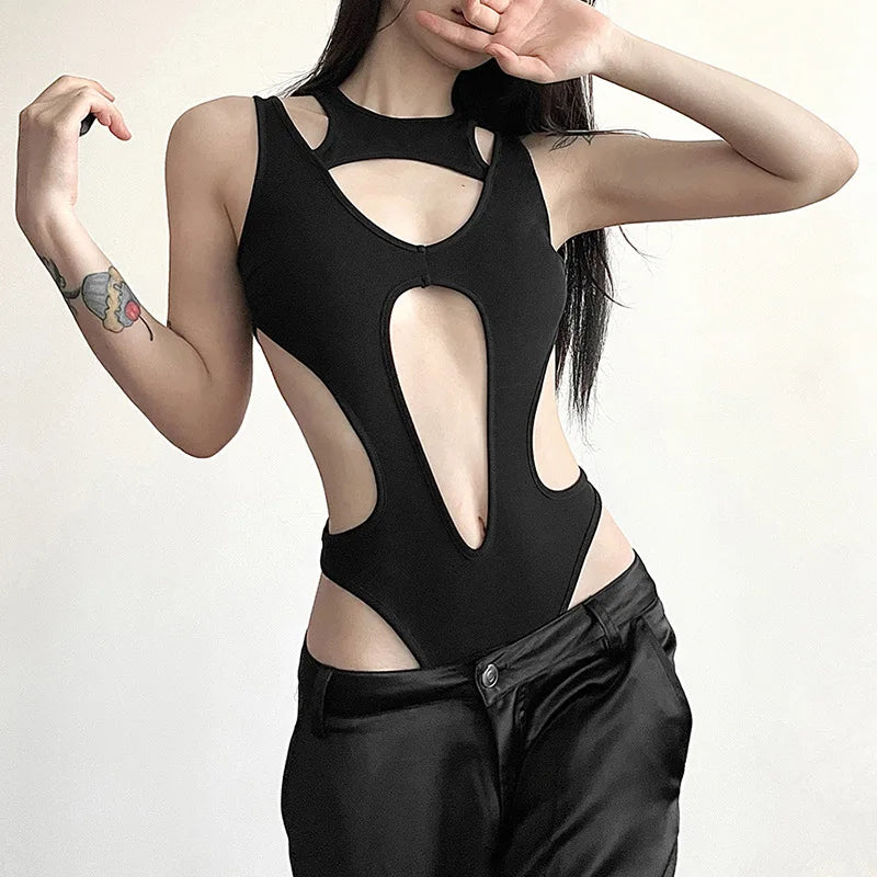 Mall Gothic Hollow Out Sexy Bodysuits Techwear Fashion Y2k Patchwork Tops Women Grunge Backless High Cut Slim Bodysuit