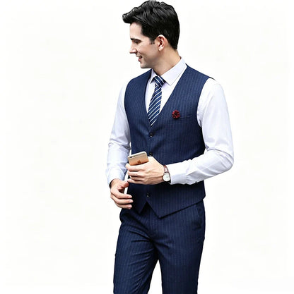 Plus Size Men Vest Checkered Elastic Black Single Breasted Striped Waistcoat For Host Groom Groomsmen Blue Suit Vest for Men