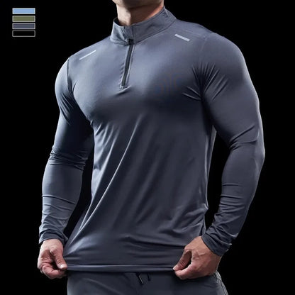 Men Stand Collar Zipper T-shirt Gym Running Training Fitness Bodybuilding Sport Top Quality Elastic Long Sleeve Tight Tops Tees