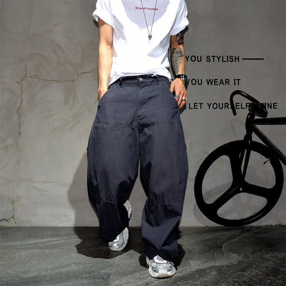 Mens Cargo Pants American Trendy Solid Black Cotton Heavyweight Wide Leg Loose Straight Streetwear Casual High Quality Pants
