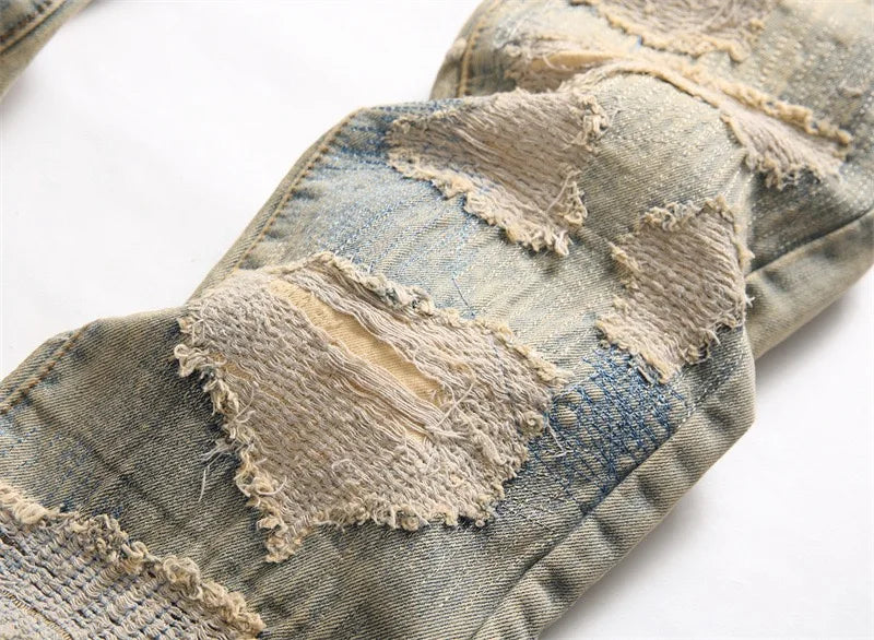 Summer Worn and Scratched Jeans Men's Small Feet Perforated Pockets Ragged Edges Long Pants Slim Fit Printing High Street Tide 2