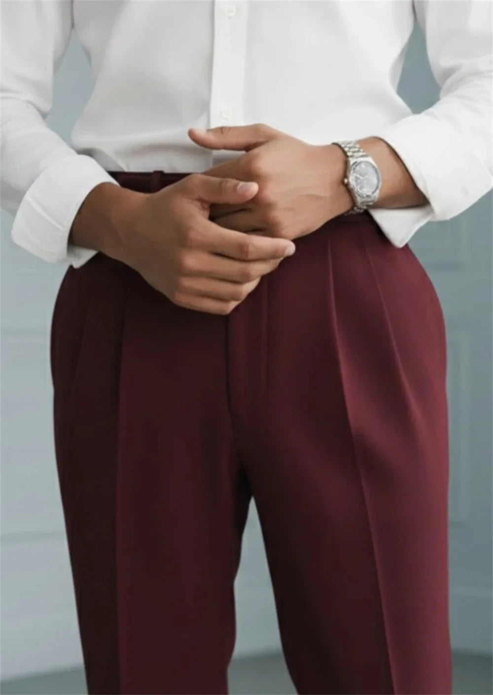 Vintage Men’s Burgundy High Waist Pleated Trousers Tailored Dress Pants with Side Adjusters Tailor Made