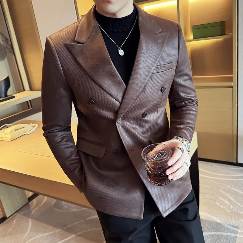 High Quality Men Double Breasted Blazer Suede Gilded Twill Slim Fit Business Social Formal Suit Jacket Tailcoats Men Clothes
