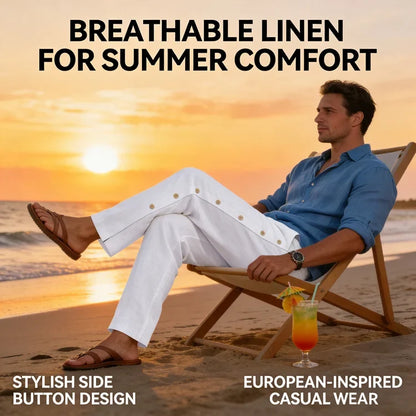Men's Casual Cotton Linen Pants Drawstring Waist Side Button Decor Straight Leg Lightweight Breathable Summer Beach Trousers