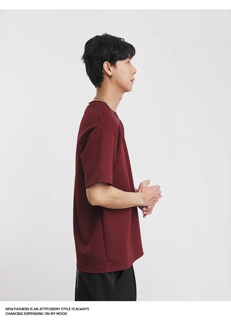 Men's Heavyweight 280g 2026 Summer New Cotton Solid Color Short Sleeve T-Shirt Crew Neck Triangle Label All-match Minimalist Tee