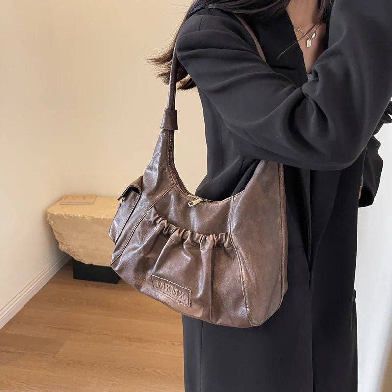 Retro Leather Shoulder Bags for Women 2025 Spring Vintage Underarm Bag Handbags and Purses Latest Fashion Hand Bag