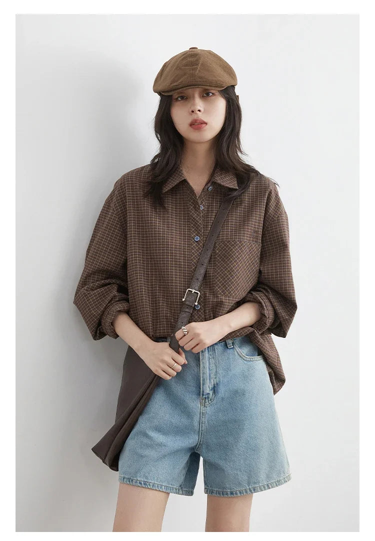 Women Shirt Loose Casual Single-breasted New Retro Contrast Plaid Embroidered Blouses Female Top Autumn Winter 2026