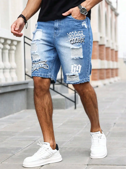 Men's Summer Blue Ripped Printed Denim Shorts. Trendy Ripped Design. Stylish Text Prints.