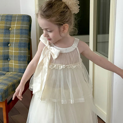 Girls Princess Dress Summer Kids French Sweet Sleeveless Bowknot Tulle Tutu Fluffy Birthday Party Pageant Dresses