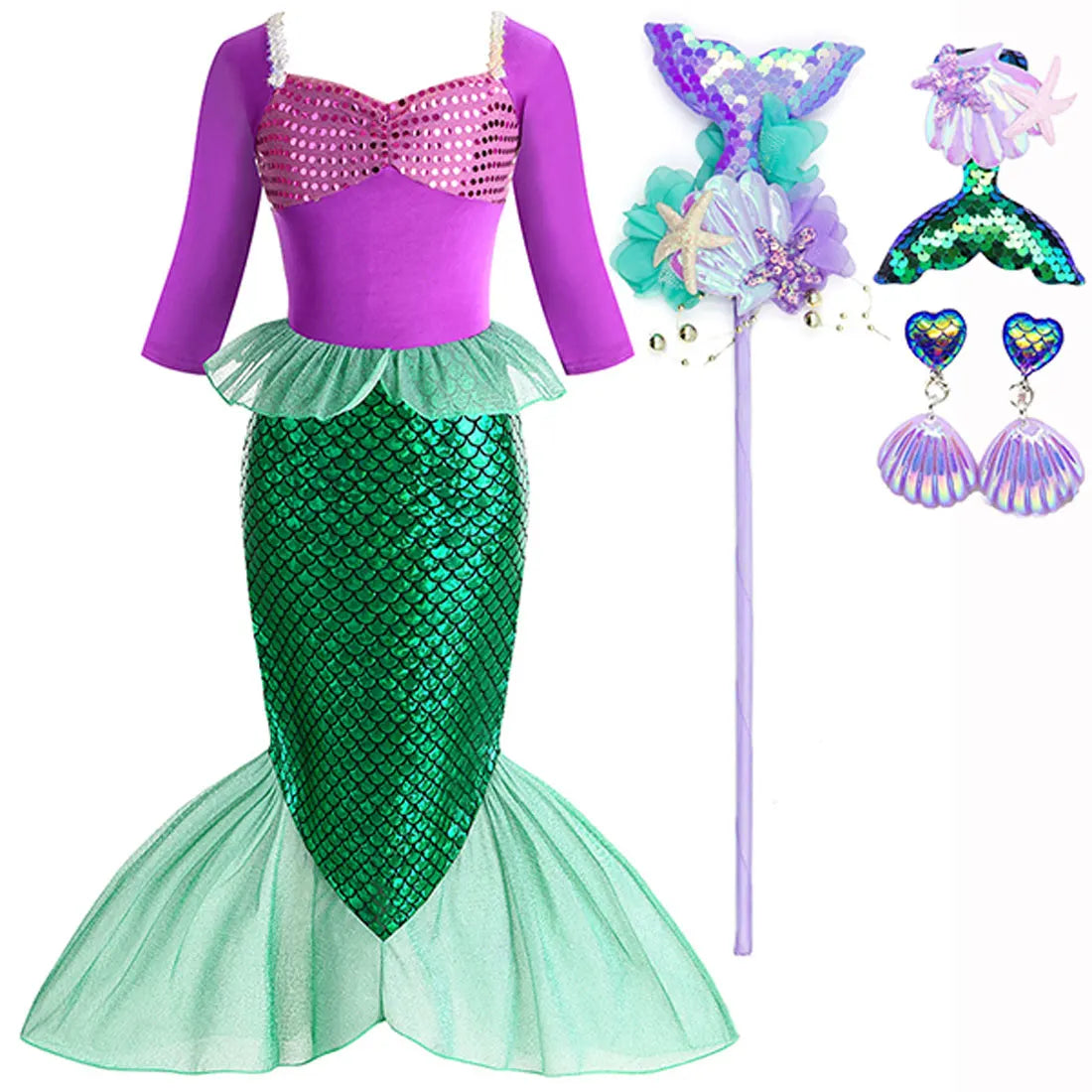 Christmas Holiday Birthday Party Mermaid Princess Same Style Girl Ariel Cosplay Long Sleeve Mermaid Dress Accessory Suit
