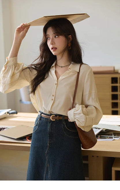 Women's Shirt Lantern Sleeve Hollow Out Tops 2025 Autumn Single Breasted Solid Shirts Lapel Shirt Office Lady MXE41C2359
