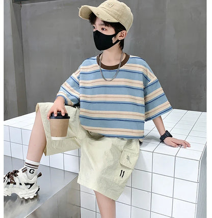 Children Summer Pink Blue Striped Suit Top and Bottom Clothes Set For Teen Boy New Fashion Tracksuit Outfit Kids Casual Clothing