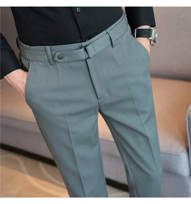 Fashion Belt Decoration Design Men's Suit Pants High Quality Business Slim Fit Casual Straight Formal Wedding Party Trousers