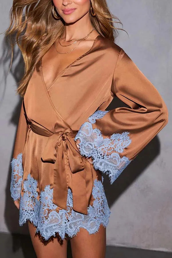 Sexy Chic Brown Lace Satin Womens Dress Spring Deep V Neck Hollow Mini Dress Autumn Long Sleeve Sashes Homewear Night Gown
