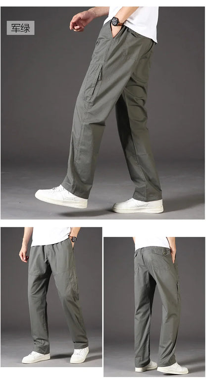 Men's Overalls Cotton Cargo Pants Casual Sports Sweatpants Stretch Waist Work Utility Dungarees Black Gym Jogger Trousers
