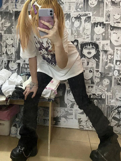 Goth Lolita Black Pants Casual Flare Stacked Jeans Women Stretchy High Waist Trousers 2000s Y2K Grunge Emo Streetwear