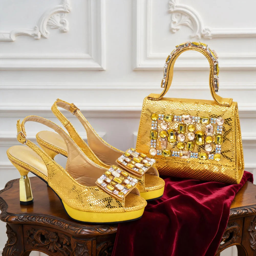Fashion Party Shoes and Bag Match for Women Latest Italian Matching Shoes and Bag Set  with Rhinestone Heeled Shoes Woman