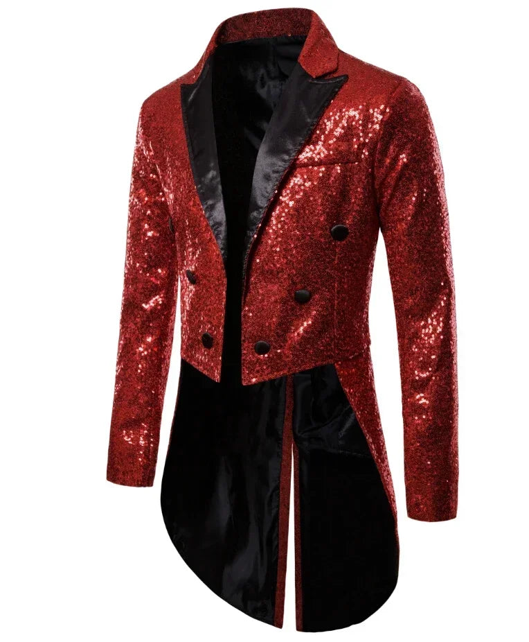 Shiny Gold Sequins Glitter Tailcoat Suit Jacket Male Double Breasted Wedding Groom Tuxedo Blazer Men Party Stage Prom Costume