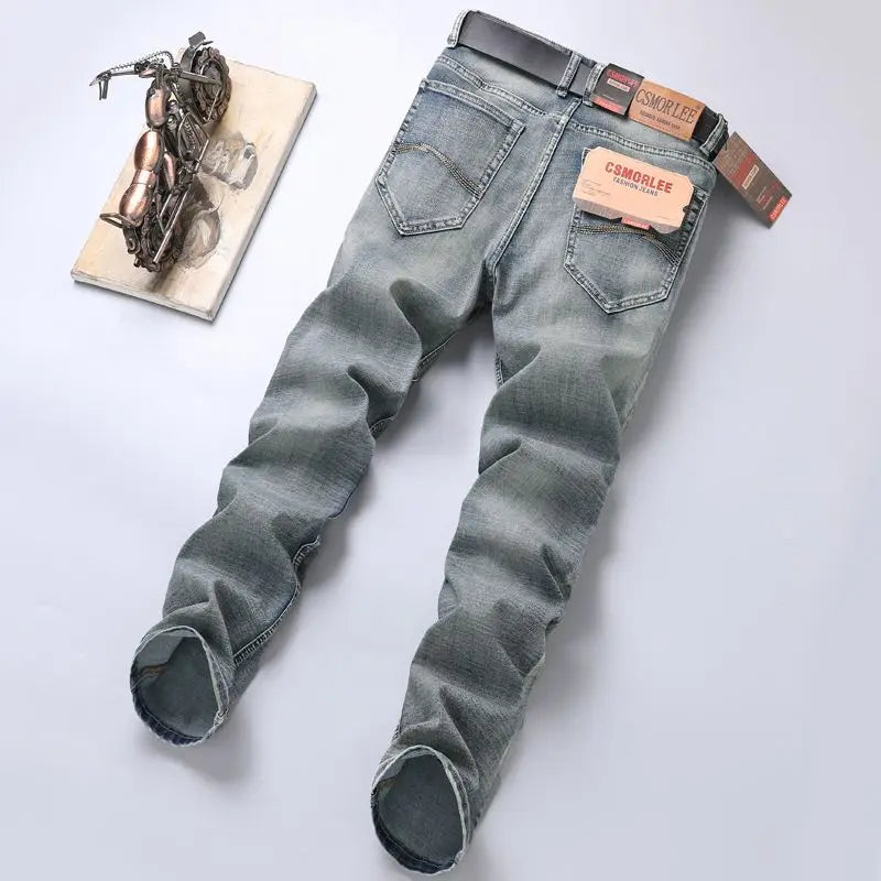2025 Autumn New Slim Straight Jeans Men's Vintage Grey Elastic Cotton Fashion Casual Wash Denim Pants Korean Male Trousers