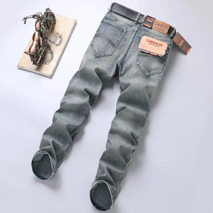 2025 Autumn New Slim Straight Jeans Men's Vintage Grey Elastic Cotton Fashion Casual Wash Denim Pants Korean Male Trousers