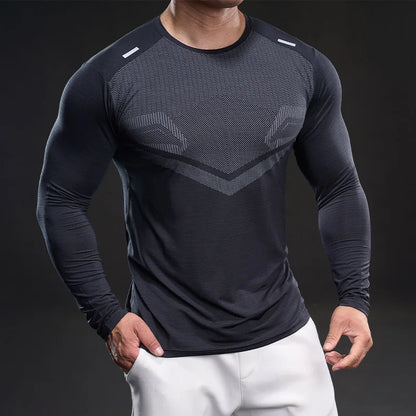 Loose-fit men's plain quick-dry breathable ice silk long-sleeve T-shirt for summer fitness and sports