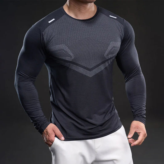 Loose-fit men's plain quick-dry breathable ice silk long-sleeve T-shirt for summer fitness and sports