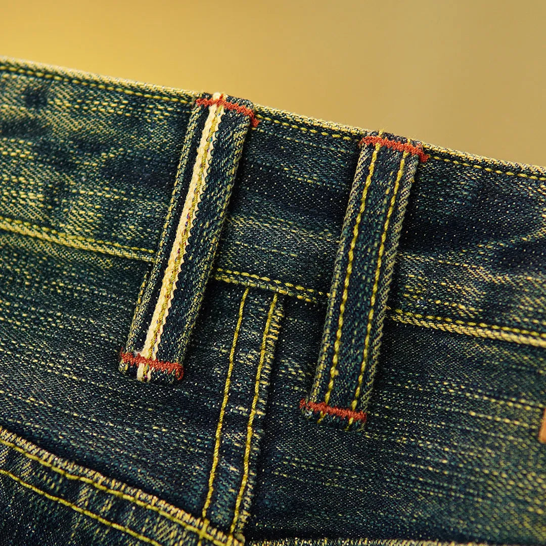 19oz Selvedge Emerald Denim Jeans for Men Tibetan 100% Cotton Yarn Plant-Dyed Thickened Straight-Leg American Retro Trousers 5KM