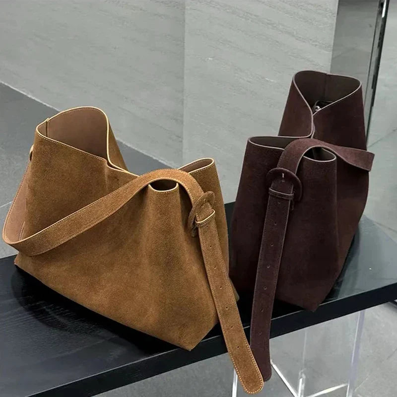 Luxury Genuine Leather Women Bags 2025 Spring Cow Suede Shoulder Bags Women Retro Gold Buckle Large Capacity Totes Lady Handbags