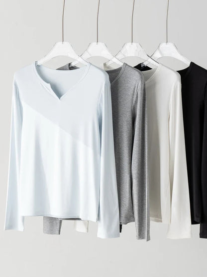 Women Solid T Shirt, Silk Viscose Blend, V Neck, Long Sleeves Chic Shirt 2025 Spring Summer Cozy Top, White, Grey