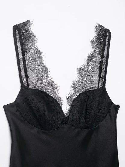 Elegant Women Lace Splice Sexy Satin Sling Tops 2026 Spring Summer Fashion Female V-Neck Backless Slimming Underwear Vest