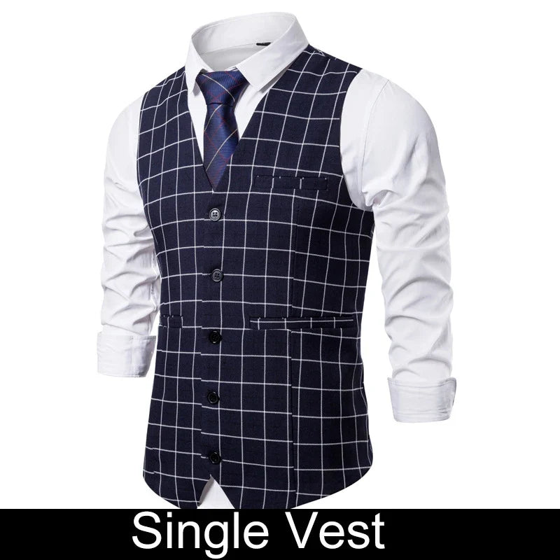 2026 Man Waistcoat Slim Plaid Business Casual Male Suit Vest V-neck Sleeveless Breathable Wedding Party Vest for Men