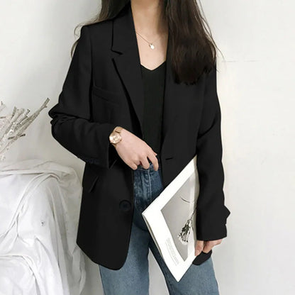 Elegant Women's Blazer Jacket Black Long Sleeve Button-Up Notch Lapel Office Jackets Woman Casual Solid Color with Pocket Blazer