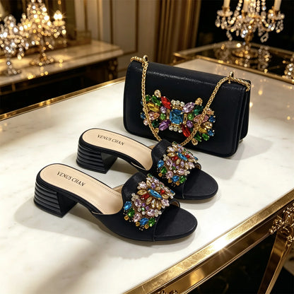 2026 Italian Luxury Dark Purple Rhinestone Sandals Matching Bag Set Women Peep Toe Block Heel Mules Ladies Evening