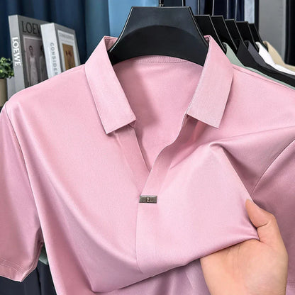 High quality ice silk short sleeve T-shirt men's lapel top trendy brand design cool silky breathable summer casual polo shirt