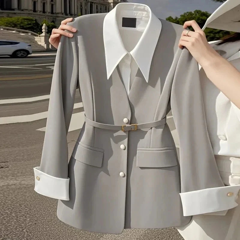 Women's Suit Coat 2025 Spring Autumn Advanced Popular Ladies  Blazer Jacket Casual Fake Two Items Temperament Lady Outerwear