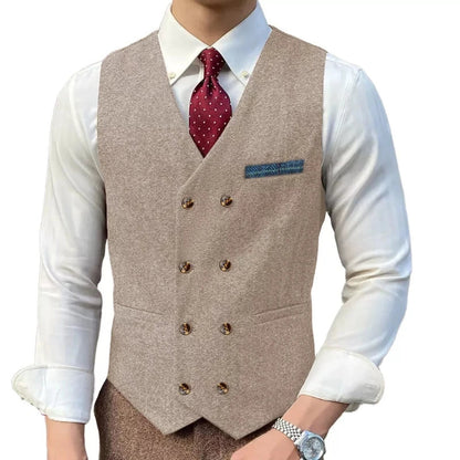 Men Vest Brown Solid Double ButtonTweed Slim Casual Business Waistcoat Jacket For Wedding Party Banquet Prom Set