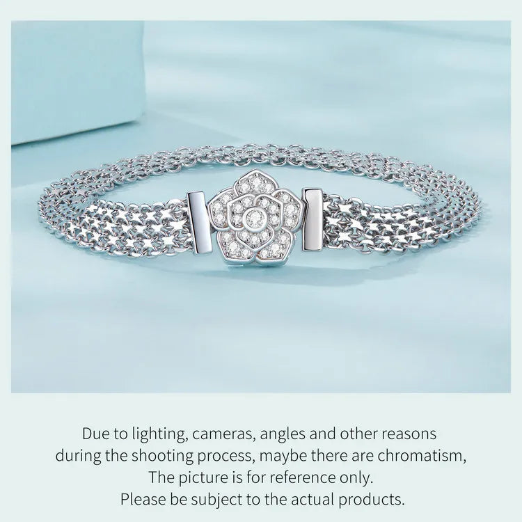 Original 925 Sterling Silver Rose Basic Bracelet Flat Chain Bangle Sparkling Zirconia Flower Charm for Women Birthday Gift