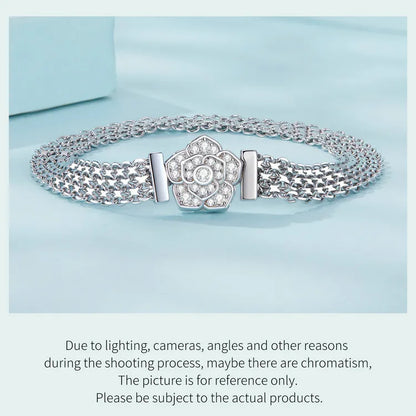 Original 925 Sterling Silver Rose Basic Bracelet Flat Chain Bangle Sparkling Zirconia Flower Charm for Women Birthday Gift