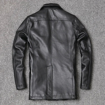 Genuine Leather Jacket Men's Top Layer Cowhide Jacket Mid-Length Men's Lapel Windbreaker Slim-Fit Jacket Double-Breasted